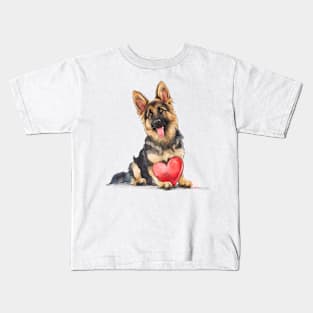 Valentine German Shepherd Holding Heart Kids T-Shirt